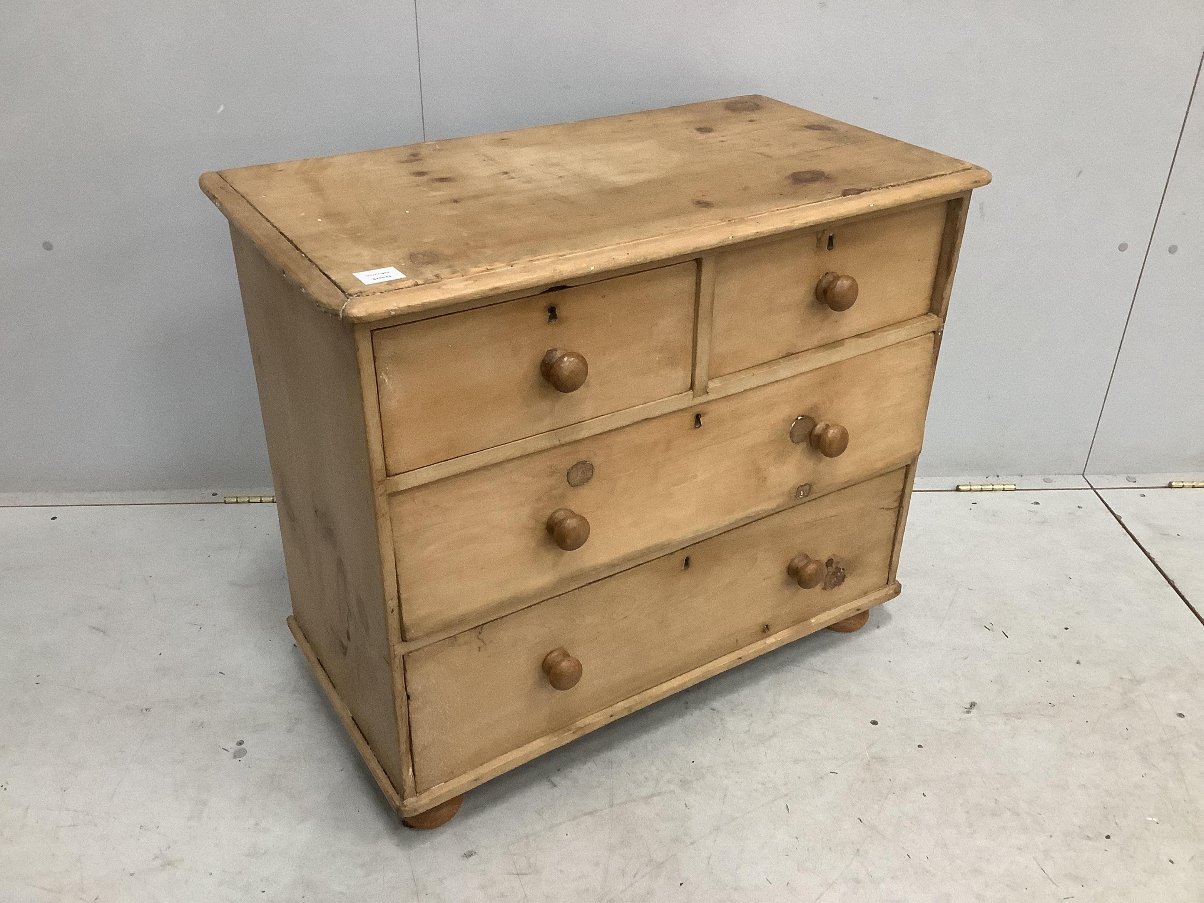 A small Victorian stripped pine chest of drawers, width 85cm, depth 45cm, height 73cm. Condition - fair